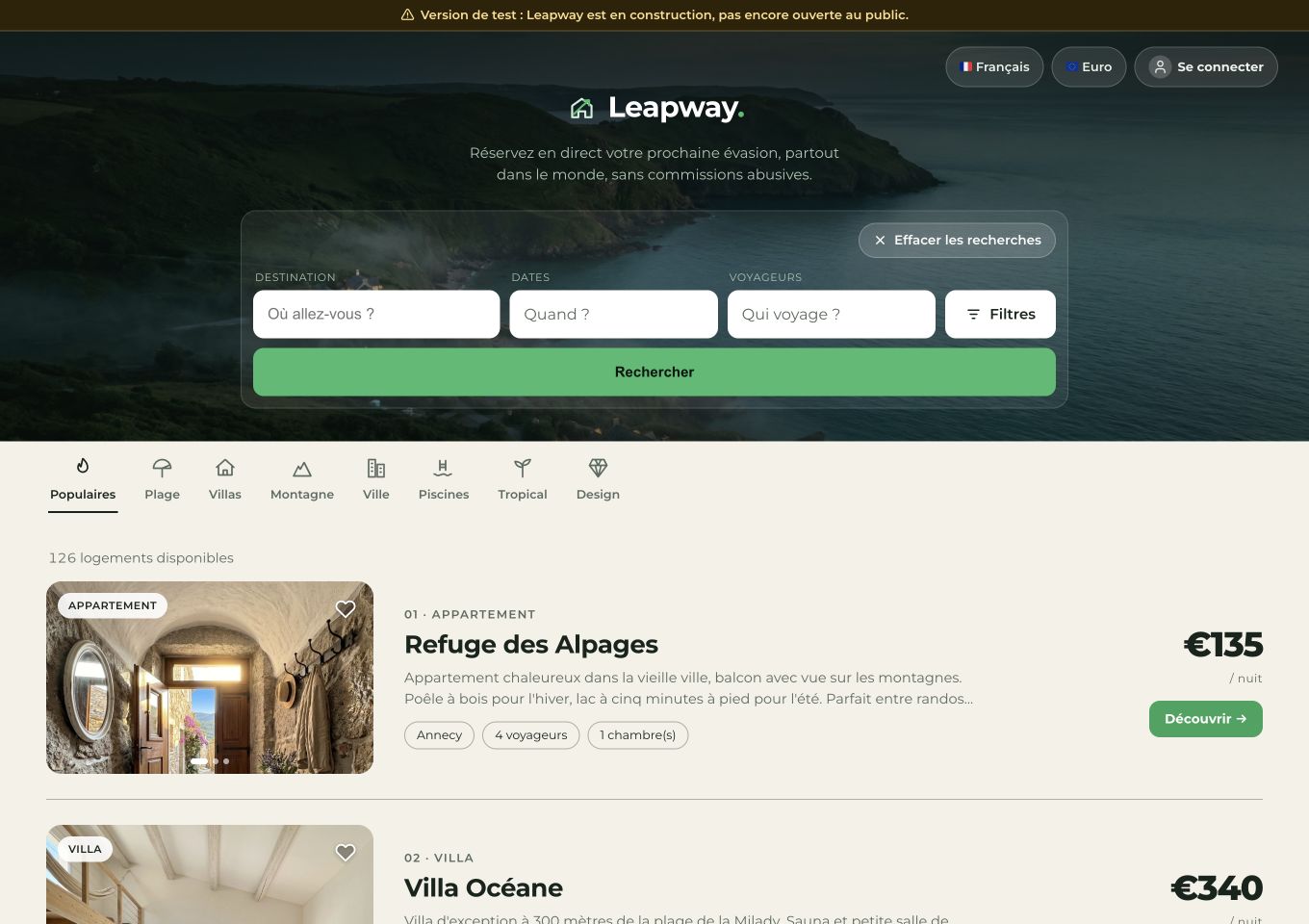 Les logements et la recherche dans la véritable application Leapway